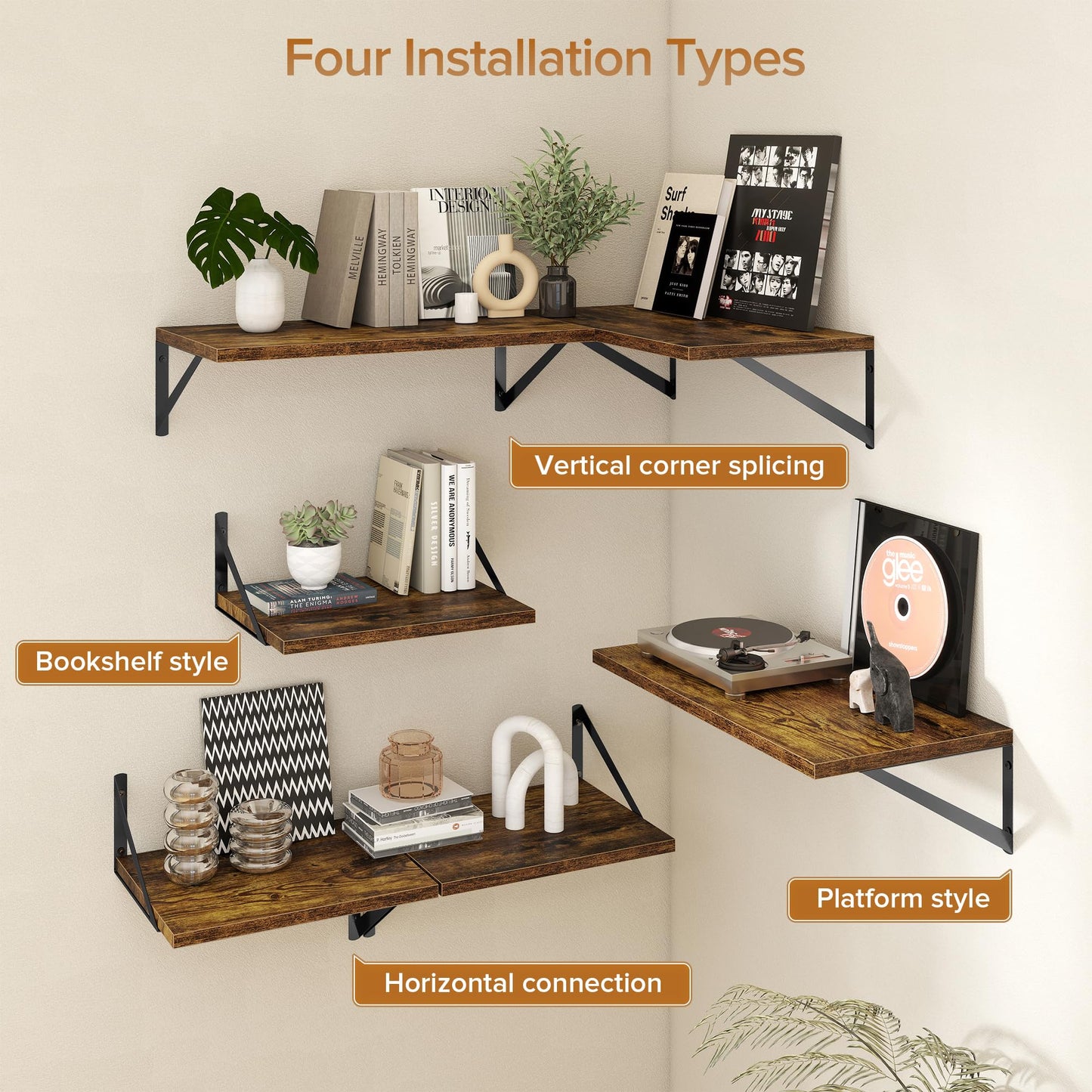 Acovy Deep Floating Shelves Wall Mounted, 16"x12" Brown Wood Shelves with Brackets Set of 2 for Bedroom, Living Room, Bathroom, Kitchen, Office - Storage & Display Shelf for Decor, Books, Plants