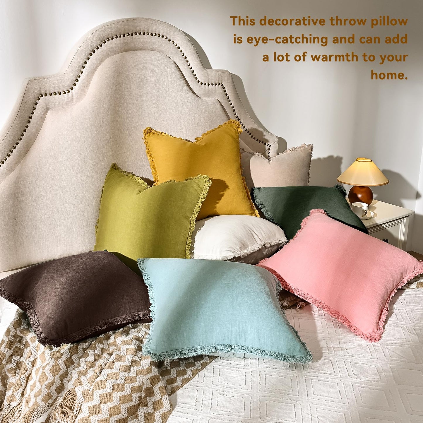 AmHoo Pack of 2 Linen Pillow Covers with Tassels Fringed Decorative Rustic Natural Throw Pillowcase Cushion for Couch Sofa Bedroom 18 x 18-Inch Brown