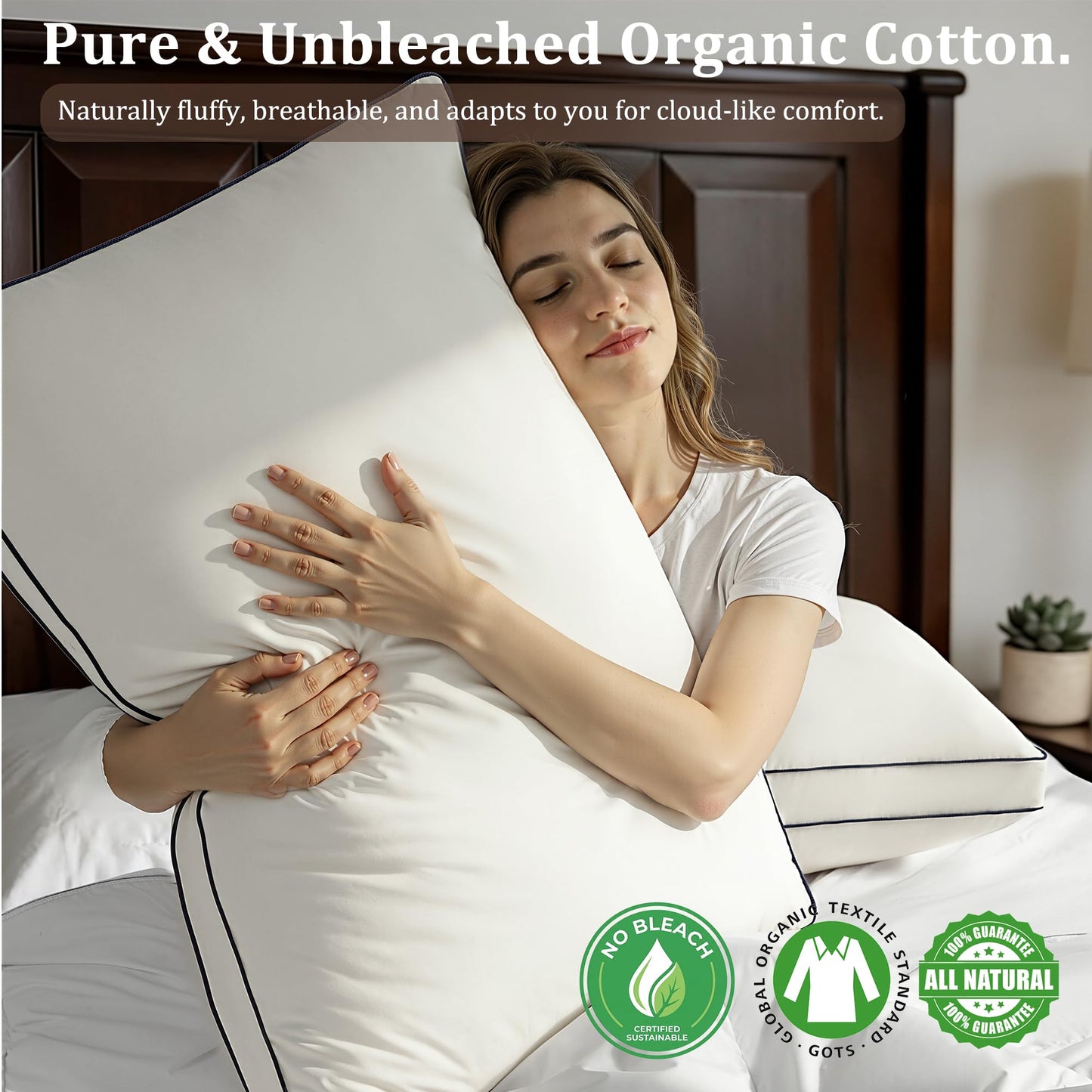 Gehtmnl Feather and Down Fiber Firm Bed Pillows Set of 2, 3-Chamber Design with 2” Gusset, Organic Cotton Cover, Hotel Quality Support for Side and Back Sleeper (2,King(20"x36"))