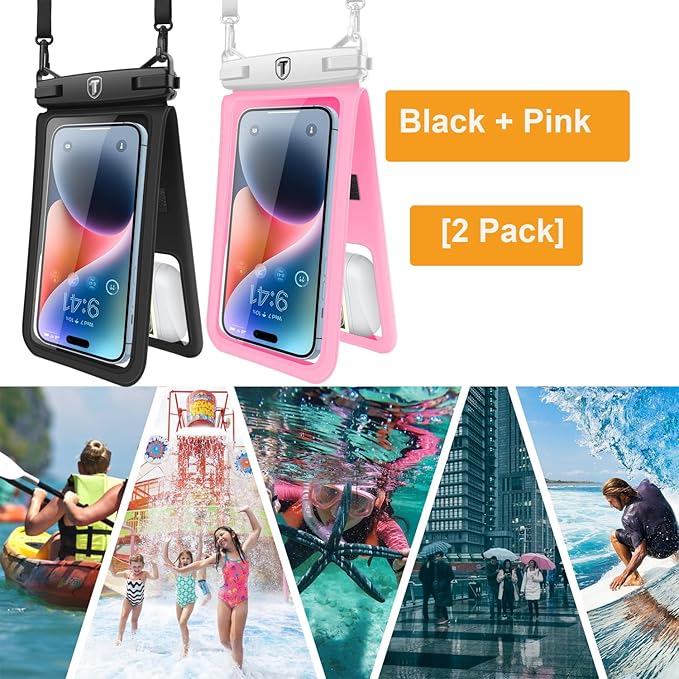 Takfox Double Space Waterproof Phone Pouch [2-Pack], Dual Large Cellphone Dry Bag Case for Samsung Galaxy S25 Ultra S24 S23 S22 A16 A15 A14 A36 iPhone 16 Pro Max Fit All Phones Up to 7"-Black/Pink
