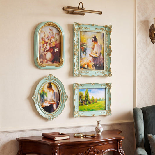 Geetery 4 Pcs Vintage Picture Frames Set for Gallery Wall, Mint Green Ornate Baroque Picture Frame, Antique Victorian Decorative Photo Frame for Tabletop or Wall Display, Shabby Cottagecore Home Decor