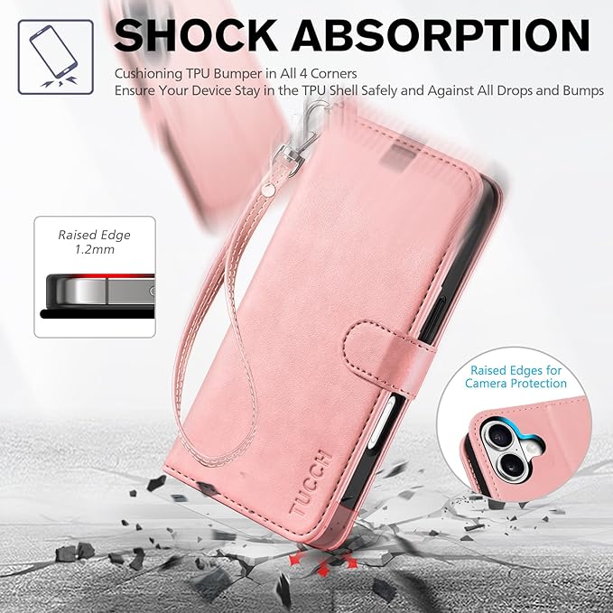 TUCCH Wallet Case for iPhone 17 (6.3") 2025, Wrist Strap | 4 Card Slots | RFID Blocking | Stand | Shockproof TPU Shell | PU Leather | Magnetic | Protective Flip Cover | Rose Gold