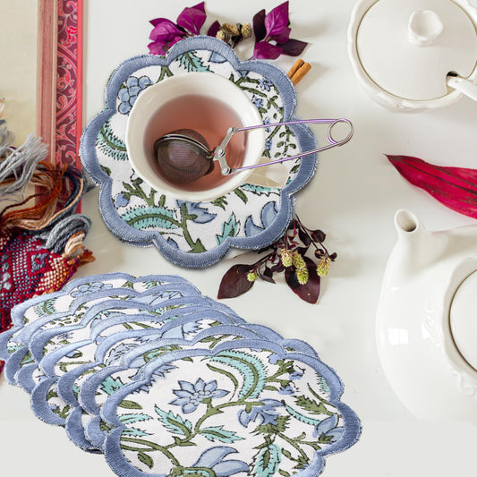 Ridhi Hand Block Print 8- pcs Canvas Cotton Drink Absorbent Stylish Embroidery Scallop Coaster Set Boho Modern Home Decor and Wooden Table Protection 5 inch Columbia Blue