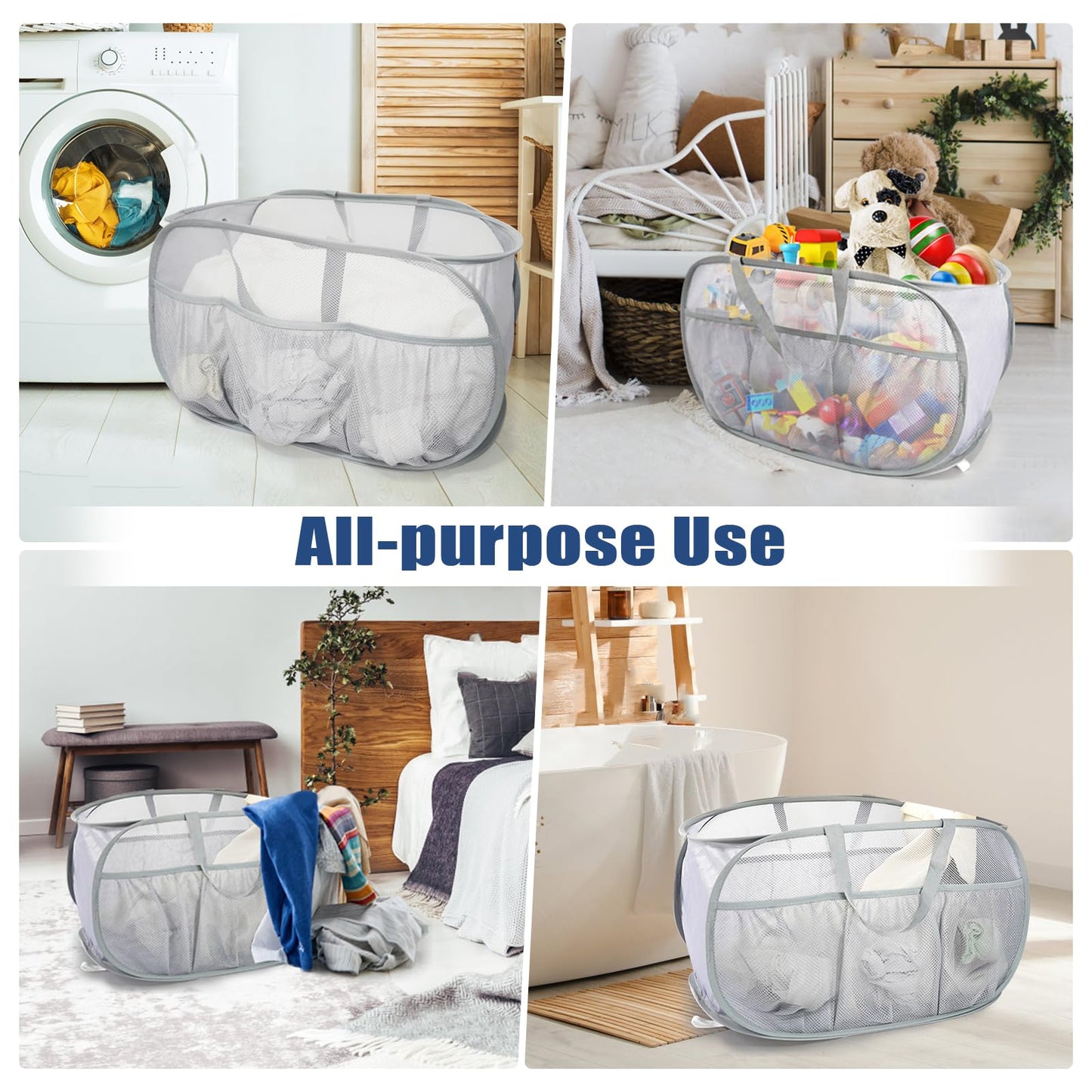 2 Pack Collapsible Laundry Baskets, Upgrade Pop Up Laundry Hamper with Convenient Bags, Foldable Laundry Basket Mesh Light Weight, Easy to Carry Clothes Hampers for Laundry, Dorm, Toys, Travel Grey