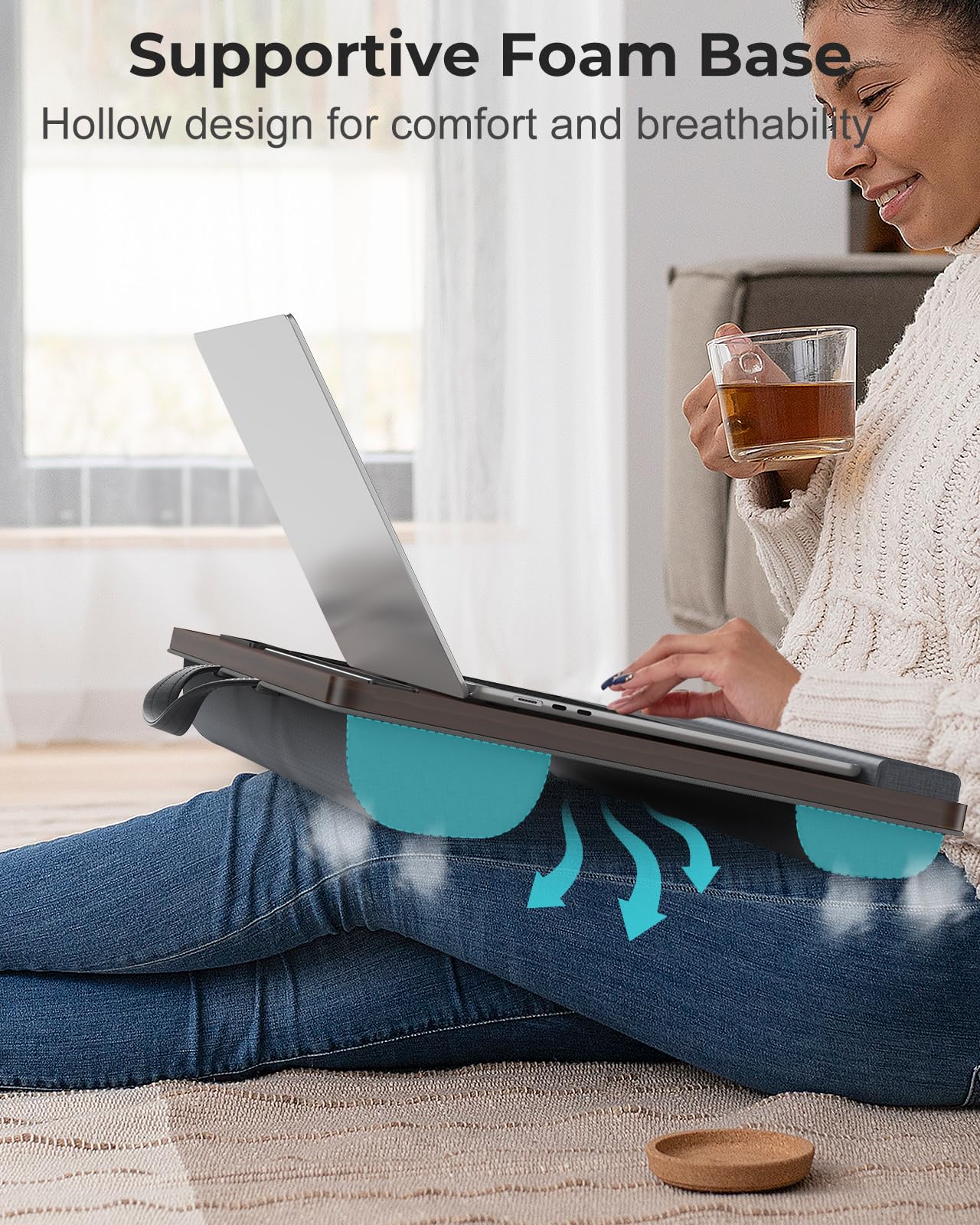 Potuopy Lap Desk- Fits up to 17” Laptop Lap Desk with Wrist Pad, Laptop Lap Pad, Lap Desks for Adults Laptop Stand for Bed with Cushion and 2 Upgraded Mouse Pads, Tablet and Phone Slots (Dark Brown)