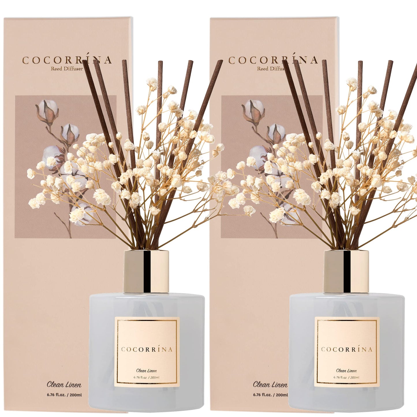 Cocorrína Reed Diffuser Set, 6.7 fl.oz Clean Linen 2 Packs Scented Diffuser with Sticks Home Fragrance Reed Diffuser for Bathroom Shelf Decor