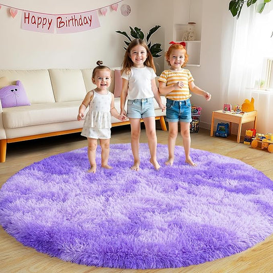 Round Fluffy Rugs 6Ft for Girls Bedroom, Tie-Dyed Purple Shag Circle Kids Rug Non-Slip for Bedside Dorm Nursery Playroom, Soft Cute Area Rugs for Living Room Decor