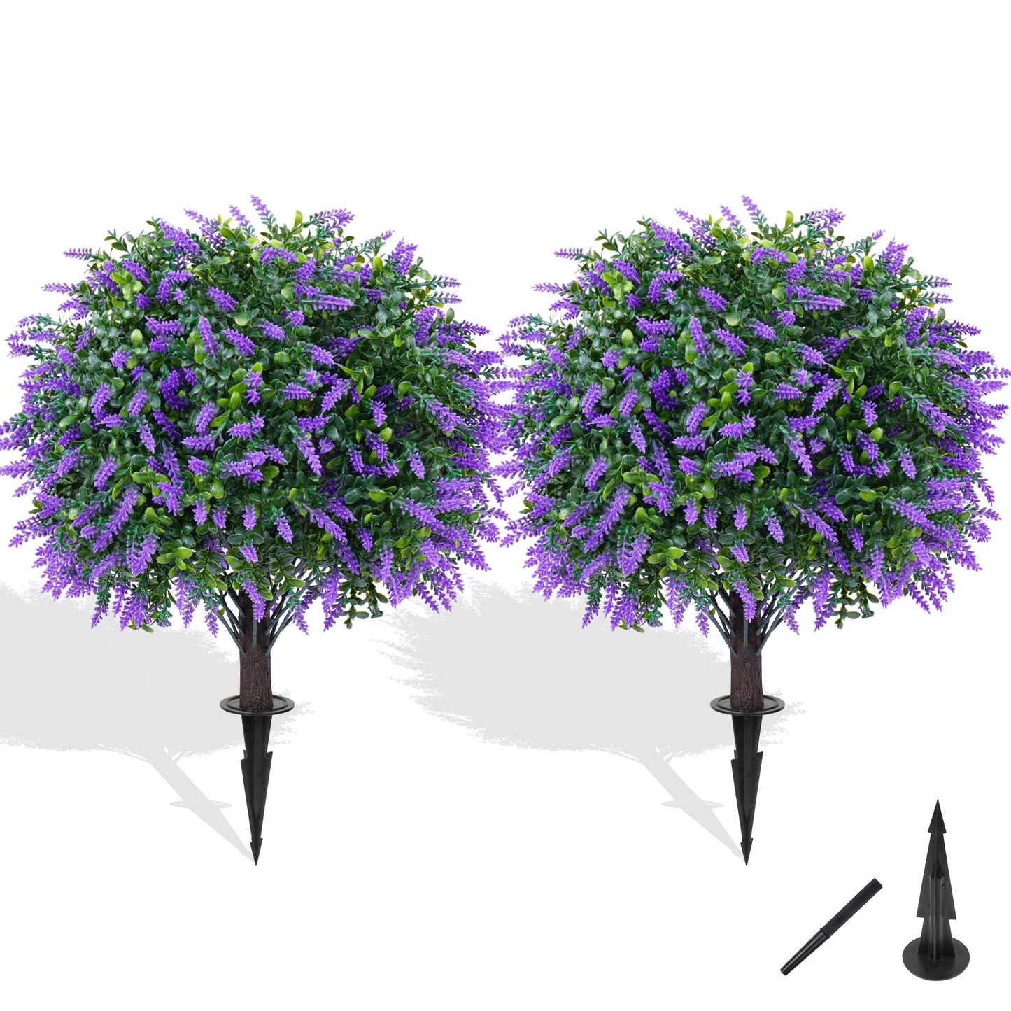 Grooy Artificial Boxwood Topiary Ball with Lavender, Set of 2 Artificial Shrub Bushes with Ground Spike, UV Resistant Fake Evergreen Plant Tree for Porch Outdoor Planters Indoor