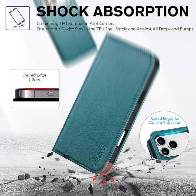 TUCCH Case Wallet for iPhone 17 Pro Max (6.9-Inch) 2025, [3 Card Slots] Kickstand [RFID Blocking] PU Leather Case, Flip Folio Cover with [TPU Shockproof Interior Shell], Teal Green