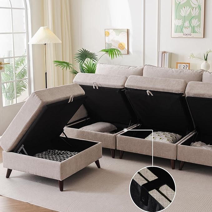 73'' Loveseat Sofa with Seats Storage, Modular Sectional Sofa with Movable Ottoman,Oversized Comfy Couches with Deep Seat,7.8'' Cushion,Couch for Living Room,Bedroom,Chenille,Khaki