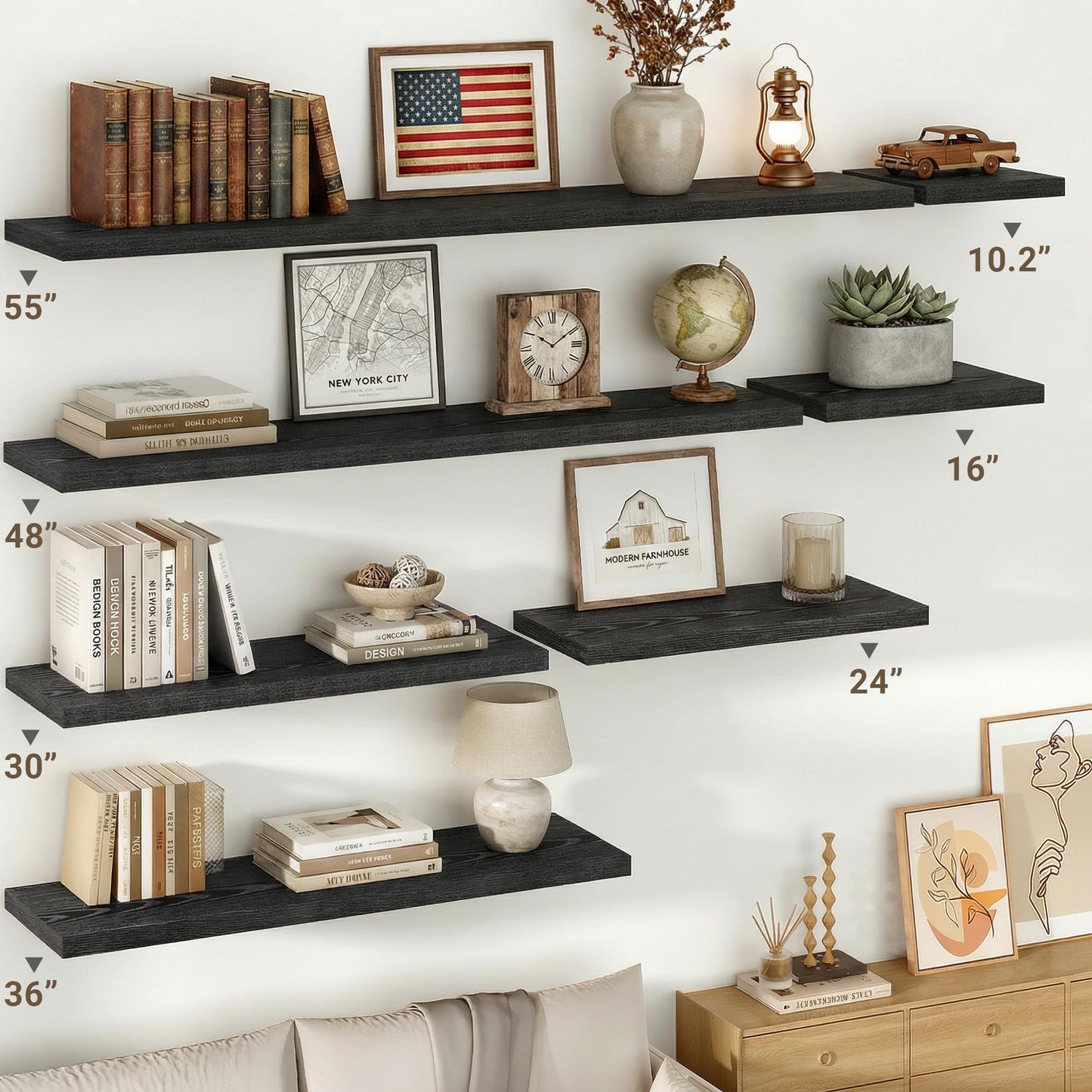 Vivelove 16 Inches Floating Shelves Wall Mounted, 10" Deep Wall Shelves for Bedroom, Bathroom, Living Room, Kitchen, Office, Home Decor, Modern Shelf, Set of 2, Black, 16x10.2x1.5