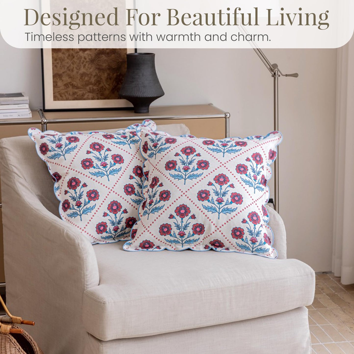 DrapePalette - Scalloped Throw Pillow Covers with Block Print Floral Patterns and Hidden Zipper - Crimson, 20 x 20 Inches Pack of 1 - Soft Indoor Pillow Case for Livingroom, Bedroom, or Lounge
