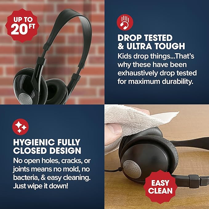 SENTRY Bulk Rugged School Headphones, Durable for Kids, Students, Teachers, Classrooms, 3.5mm or USB-C Jack Options, Optional Boom Mic for Online Learning (24 Count - 3.5mm Inline Mic, 24, Count)