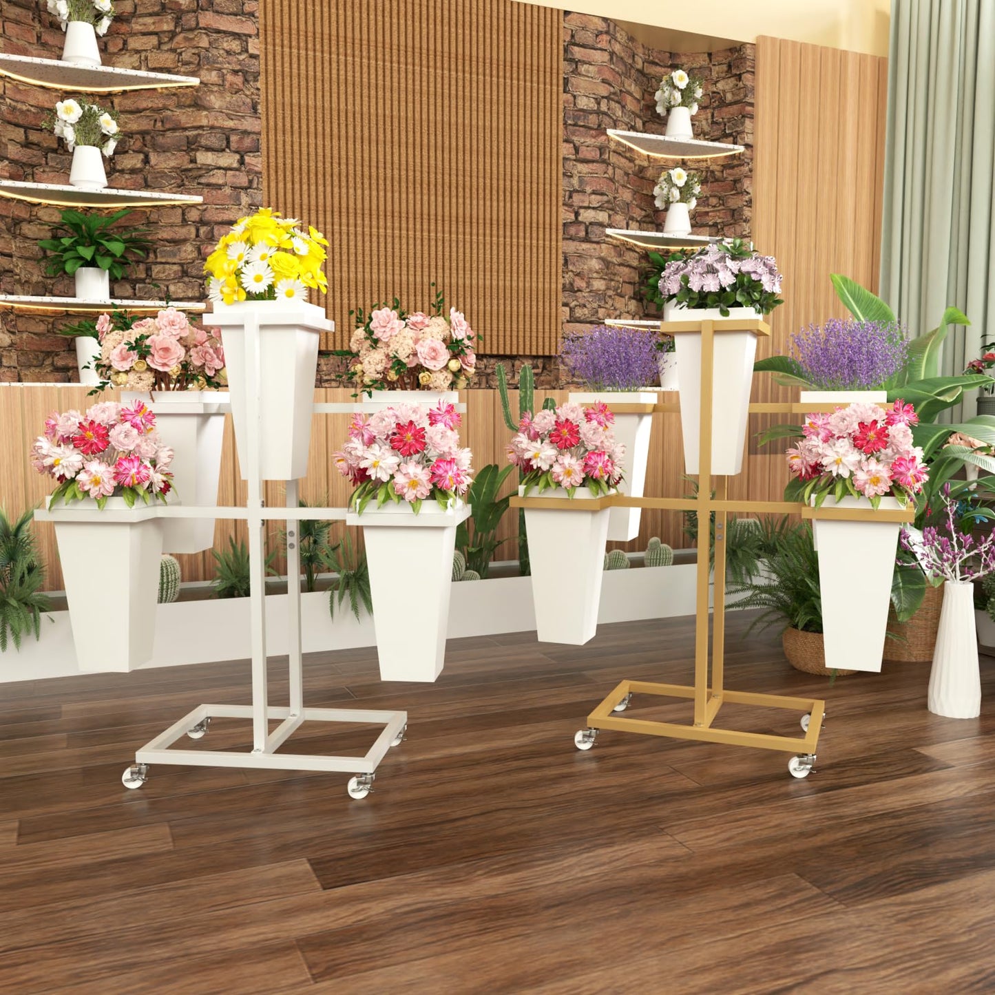 MILEFA Flower bar Stand with Buckets, Moving Flower Display Stand with Wheels, Metal Flower Cart for Bridal Shower. Wedding, Party, Garden, Gold