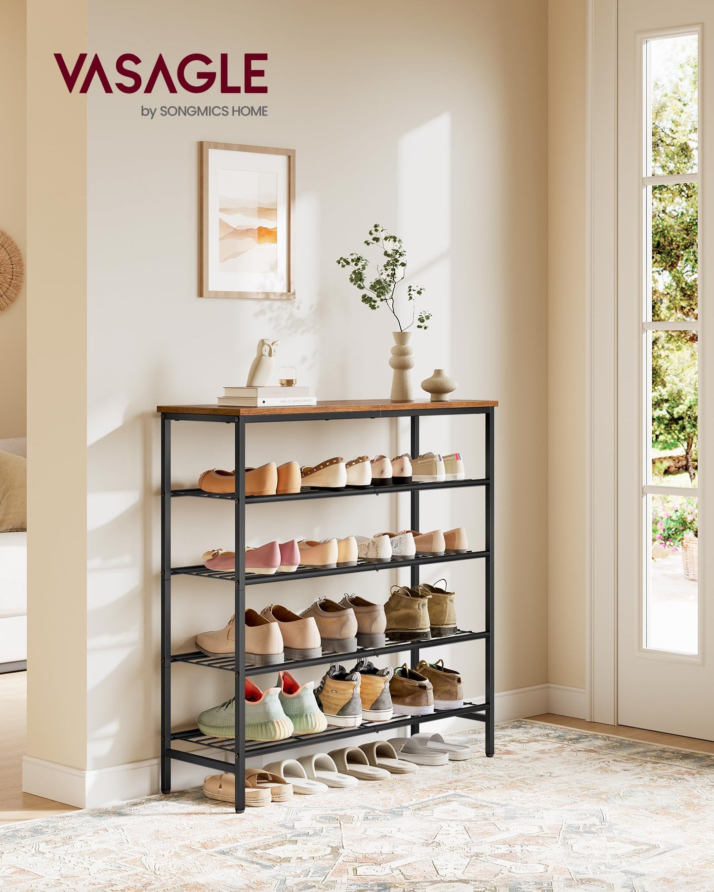 VASAGLE Shoe Rack, Shoe Storage Rack for Closet, Entryway, Living Room, Free Standing Metal Organizer Shelf, 5 Tiers, 11.8 x 29.5 x 34.3 Inches, for 18–24 Pairs, Rustic Brown and Ink Black ULBS050KD01