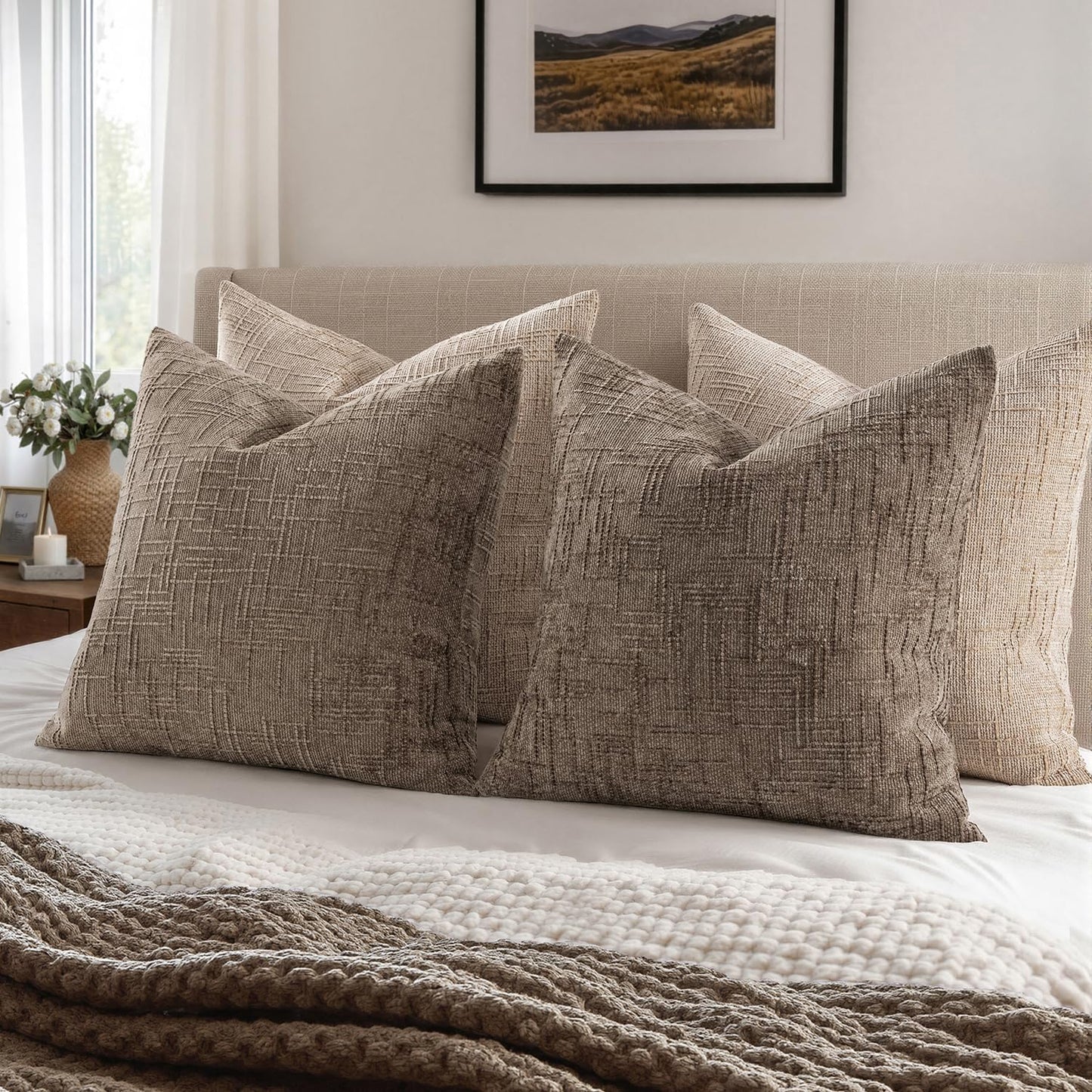 MIULEE Textured Throw Pillow Covers Thick Chenille Decorative Pillows Taupe Grey 18x18 Inch Set of 2 Modern Boho Farmhouse Home Decor Neutral Cushion Covers for Couch Sofa Living Room Bedroom