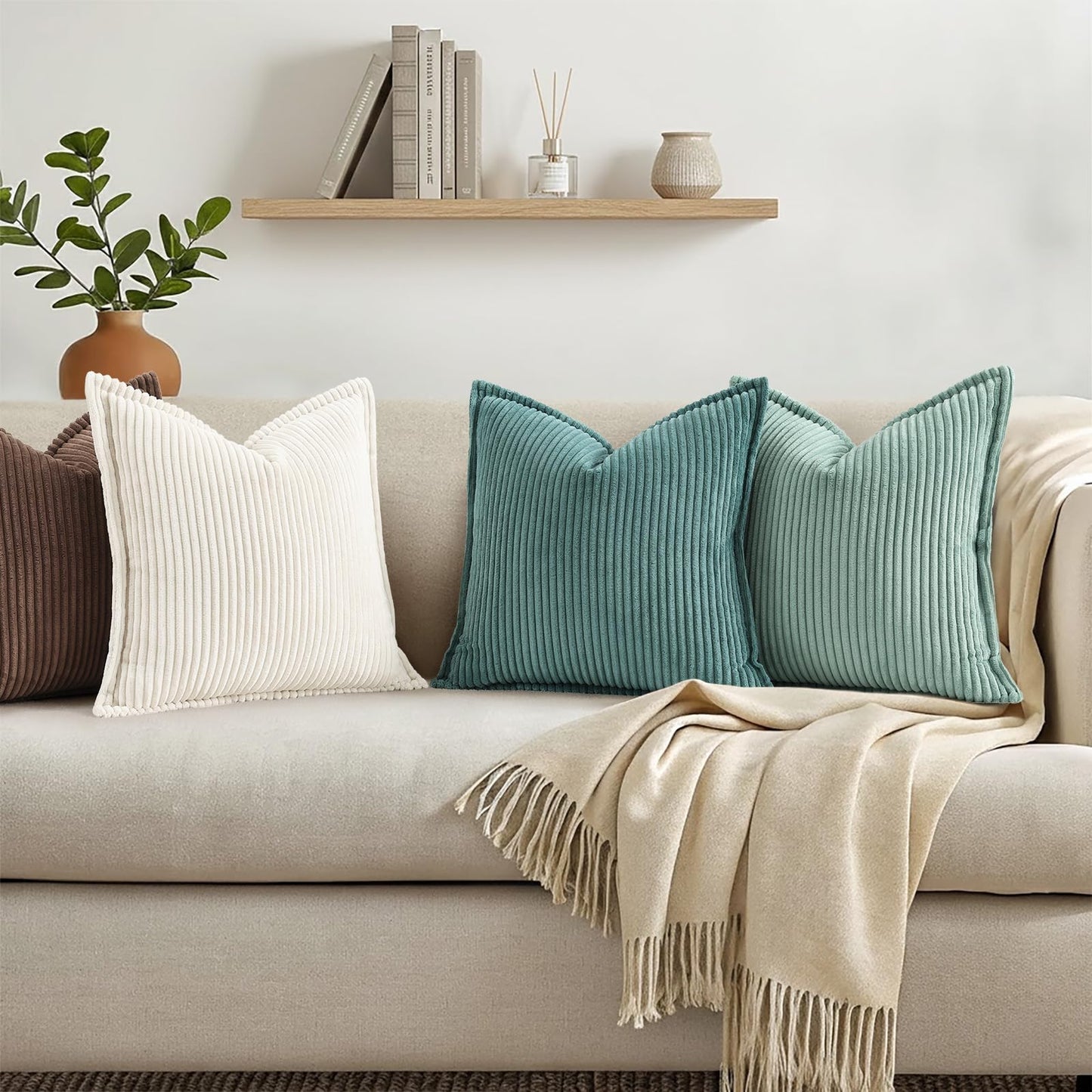 decorUhome Summer Corduroy Teal Euro Sham Throw Pillow Covers 26x26 Set of 2 Decorative Soft Boho Farmhouse Couch Pillow Covers for Living Room Bed Sofa Broadside Striped Pillow Cases