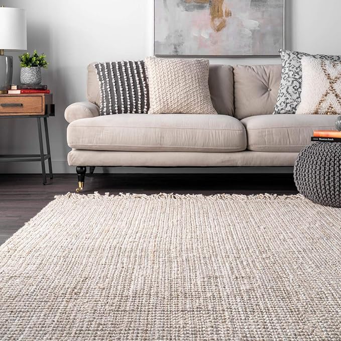nuLOOM 5x8 Daniela Jute Tassel Hand Woven Area Rug, Off White, Solid Chunky Farmhouse Design, Natural Fiber, For Bedroom, Dining Room, Living Room, Hallway, Office, Entryway