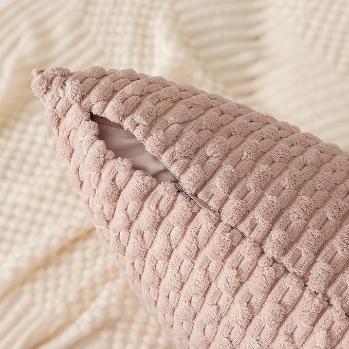 Kevin Textile 2 Packs Light Pink Decorative Throw Pillow Covers 16x16 Inch for Living Room Couch Bed Sofa Valentines Day Gifts Soft Striped Corduroy Square Cushion Case Farmhouse Boho Home Decor