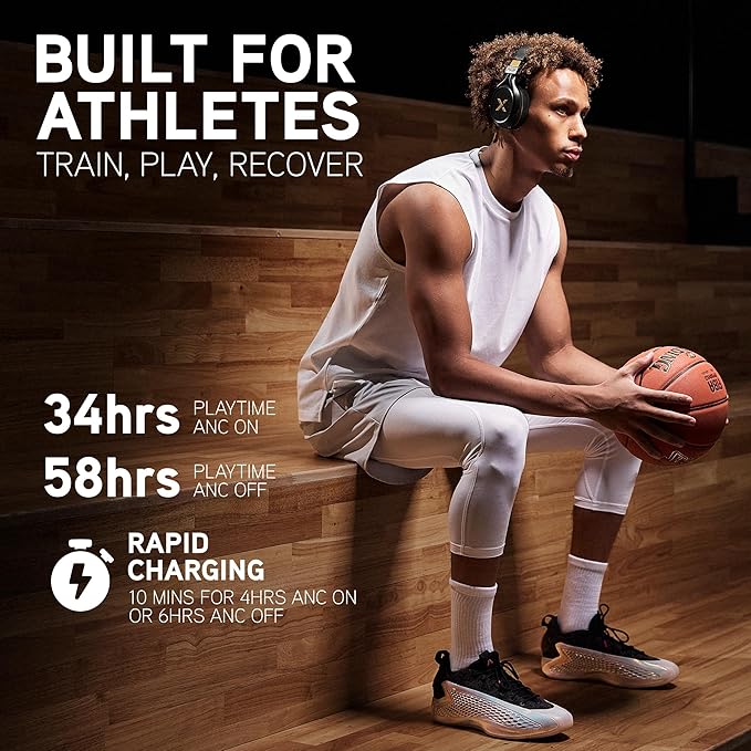 BlueAnt Pump X Wireless Over-Ear Headphones, Bluetooth, Powerful Bass, Active Noise Cancelling & Transparency Mode, Interchangeable Ear Cups, All-Day Comfort for Gym and Training, White/Gold