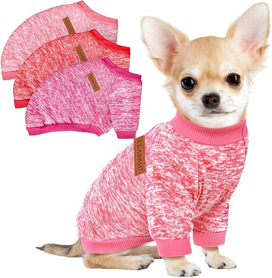 3 Pack Dog Sweaters for Small Dogs Girl Boy Winter Fleece Clothes Warm Soft Dog Sweatshirt Outfit for Dogs Cats Pet Apparel (Rose+Red+Pink, Small)