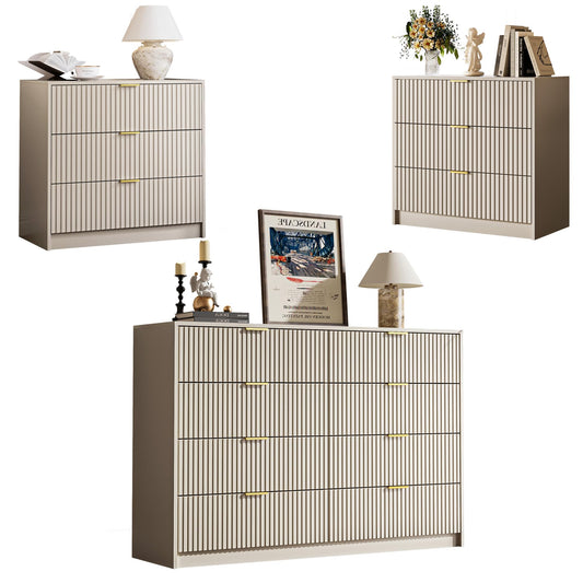 MAISONARIA 3-Piece Dresser Bedroom Set, 8 Drawer Dresser & 3 Drawer Nightstands with Gold Handles, Fluted Wood Chest of Drawers for Bedroom, Living Room, Entryway, Beige