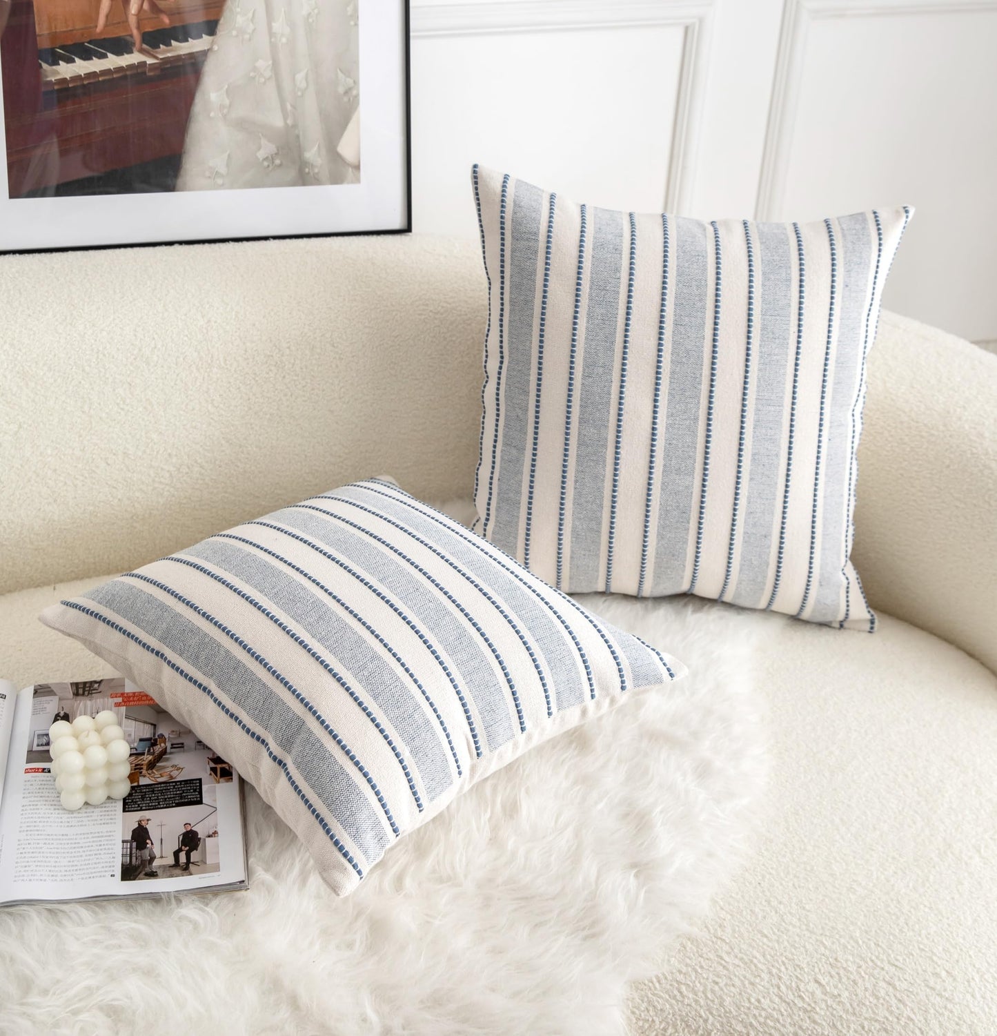Cethom Decorative Boho Throw Pillow Covers, Farmhouse Textured Pillow Case, 18 x 18 Inch Set of 2, Chair Sofa Bedroom Living Room Home Decor Couch Cushion Case, Classic Blue and Beige Striped