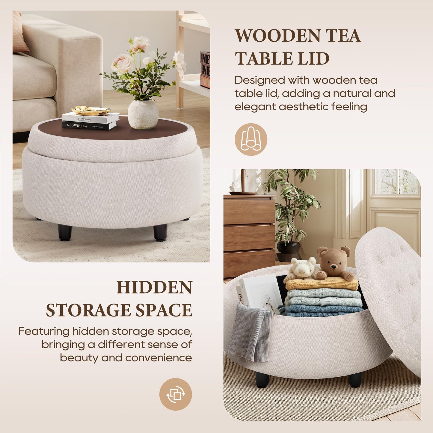 COLAMY Round Hidden Storage Ottoman with Reversible Tray Lid – Multi-Functional Footrest, Sturdy & Stylish Fabric Coffee Table for Living Room, Bedroom, or Entryway, Beige