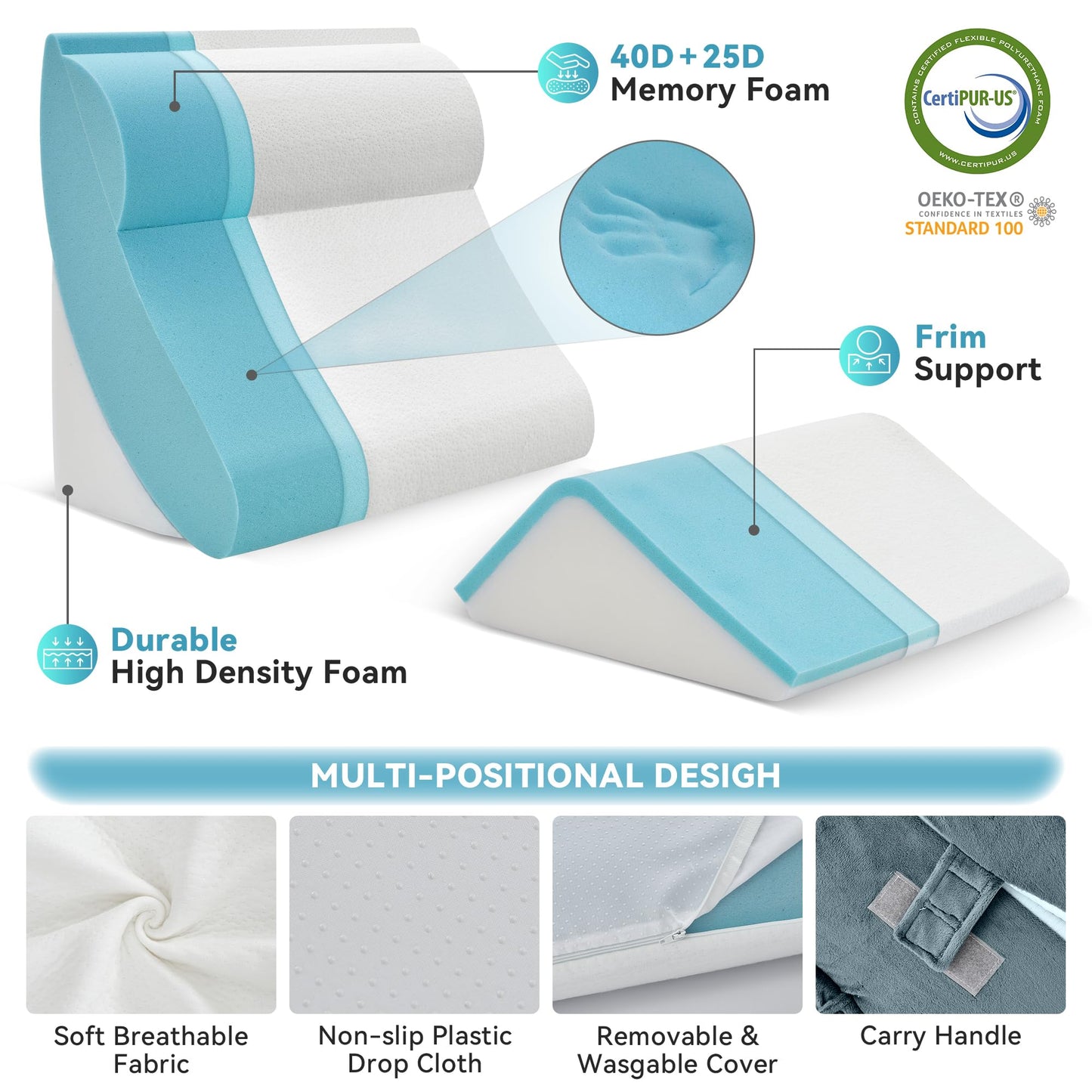 Kingfun 4PCS Orthopedic Bed Wedge Pillow Set for After Surgery, Memory Foam Support Pillow for Back, Neck and Leg Pain Relief, Adjustable Triangle Pillow - Acid Reflux, Anti Snoring & GERD