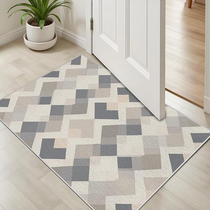 Modern Area Rug Living Room Rugs 6x9, Minimalist Soft Boho Geometric Rug, Non-Slip Washable Low Pile Non Shedding Carpet for Bedroom Office Dining Room Kitchen Nursery, Gray Beige White