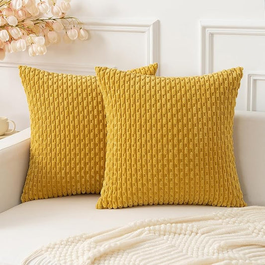 Kevin Textile Throw Pillow Covers Soft Corduroy Decorative Set of 2 Boho Striped Pillow Covers Pillowcases Farmhouse Home Decor for Couch Bed Sofa Living Room 20x20 Inch Mustard Yellow