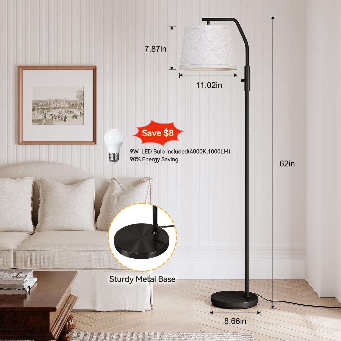 SUNMORY Floor Lamps for Living Room, 9W Bulb Included, Lamp for Bedroom with Adjust Head, Standing Lamp with Rotary Switch, 0-100% Dimmable Floor Lamp for Living Room Bedroom Office Nursery