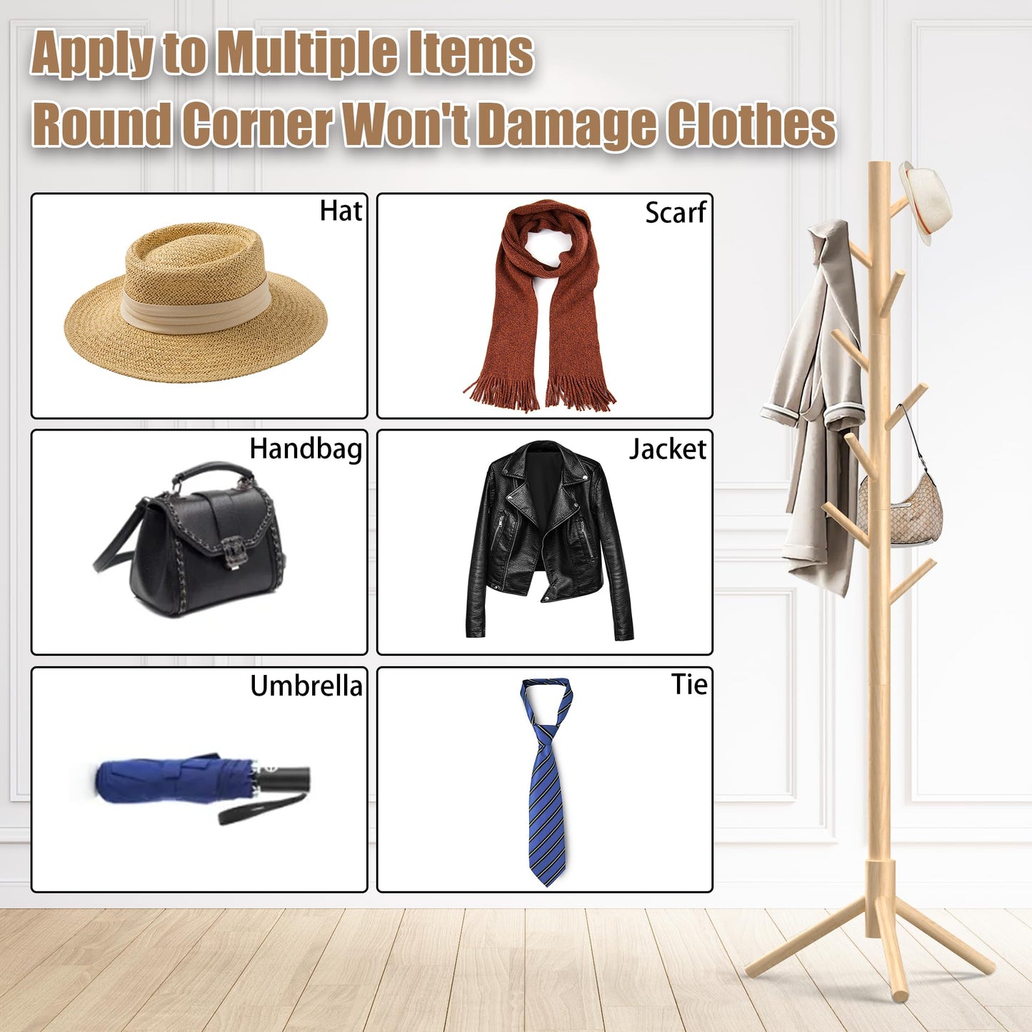 Aliphon Wooden Coat Rack Stand, Freestanding Coat Rack with 8 Hooks, 3 Adjustable Size Coat Tree for Hats, Coats, Scarves bags, Coat Hanger Stand Used in Bedroom/Office/Entryway (Natural)