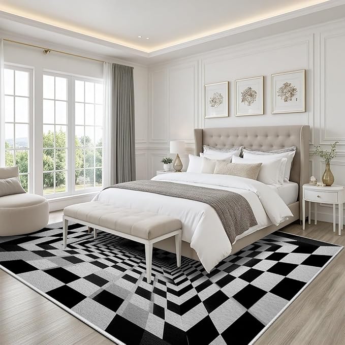 Optical Illusion Rug - Black and White Rug for Living Room, Soft Ultra Soft Faux Wool 6x9 Area Rugs Floor Mats, Non Slip&Non-Shedding Low Pile Checkered Washable Rugs, Abstract Geometric Carpet