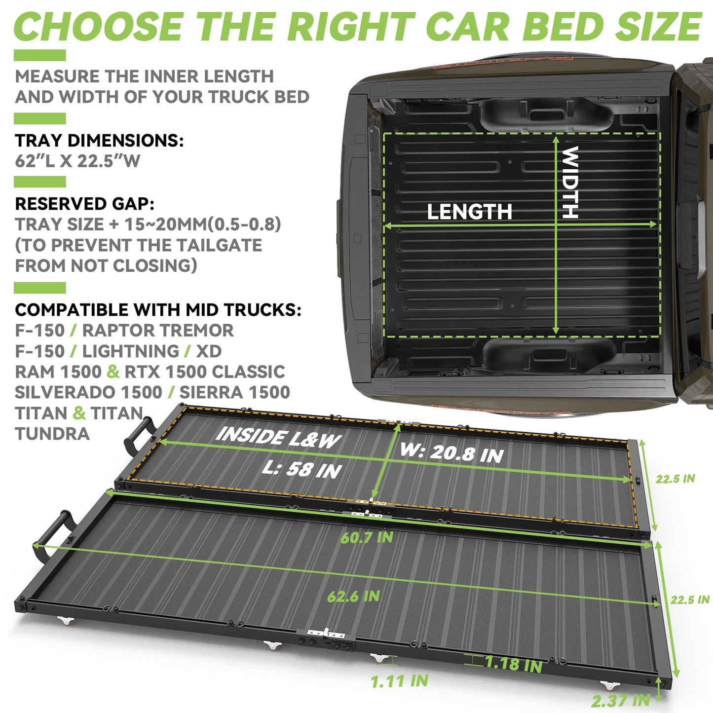 T2 Foldable Slide-Out Truck Bed Cargo Tray-Full Size for Trucks F150/Raptor，Ram/Rtx 1500 & Classic / Silverado 1500，Sierra 1500，Titan&Titan，Tundr|No Drilling Installation (62.6"-22.5" Full Tray)