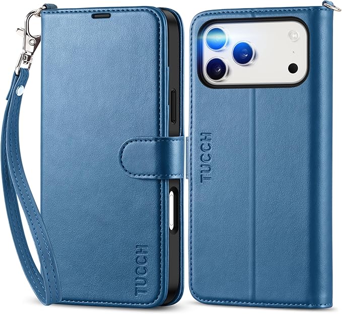 TUCCH Wallet Case for iPhone 17 Pro Max (6.9") 2025, Wrist Strap | RFID Blocking 4 Card Holders | Stand | Shockproof TPU Shell | PU Leather | Magnetic | Protective Flip Cover | Light Blue