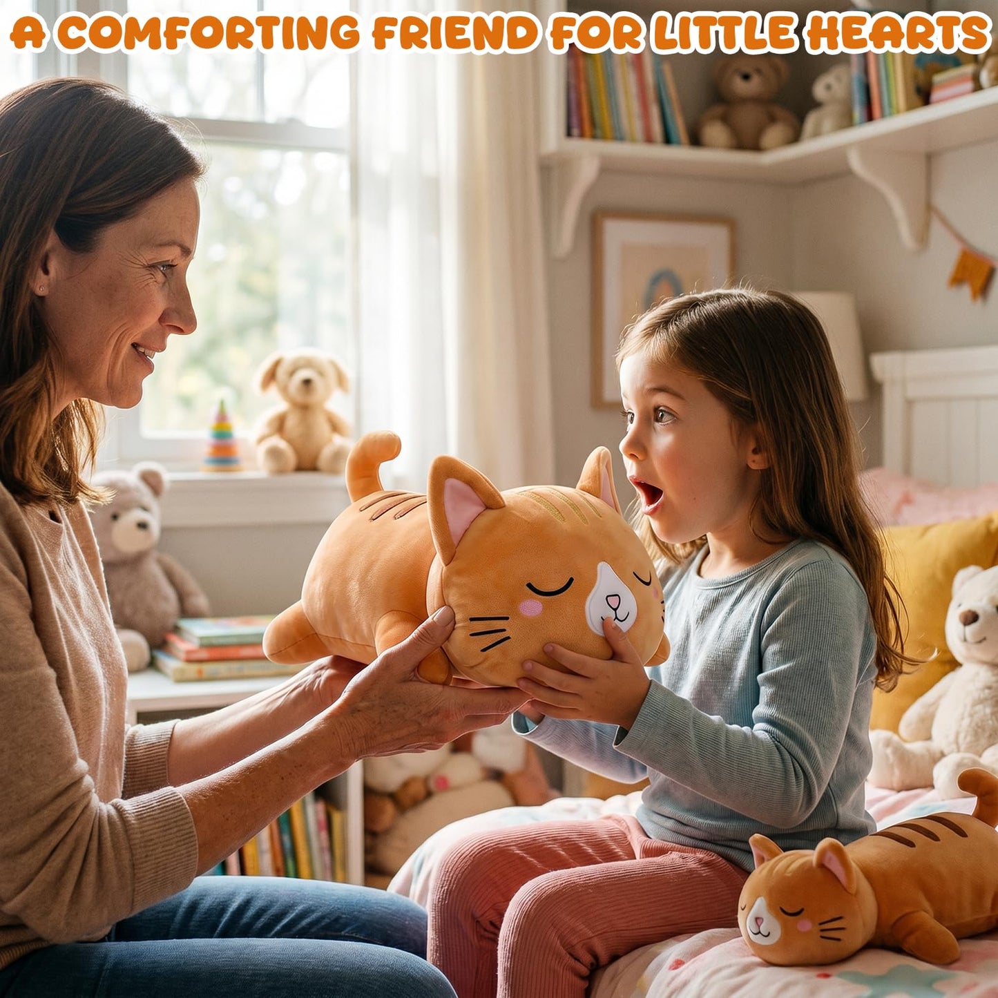 TOYSYM Weighted Stuffed Animals Cat, Orange Cat Plush with Weighted Beads, Cute Cat Plushie Pillow Gifts for Adults Kids Boys Girls 9.8inch