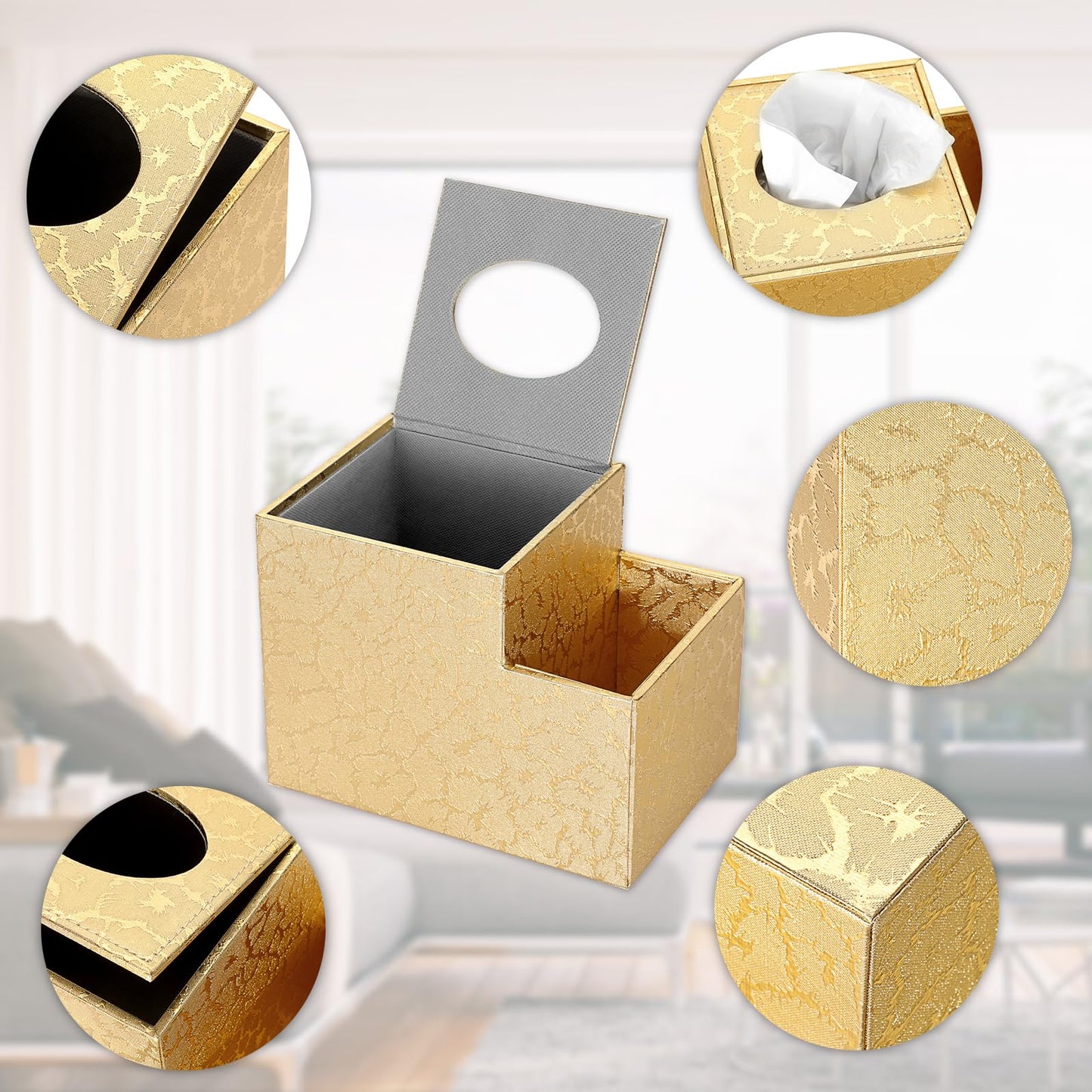 Sumnacon Square Leather Tissue Box Cover - PU Cube Tissue Box Holder with Side Organizer, Decorative Tissue Box for Living Room Vanity Night Stand Desk Countertop Office, Gold