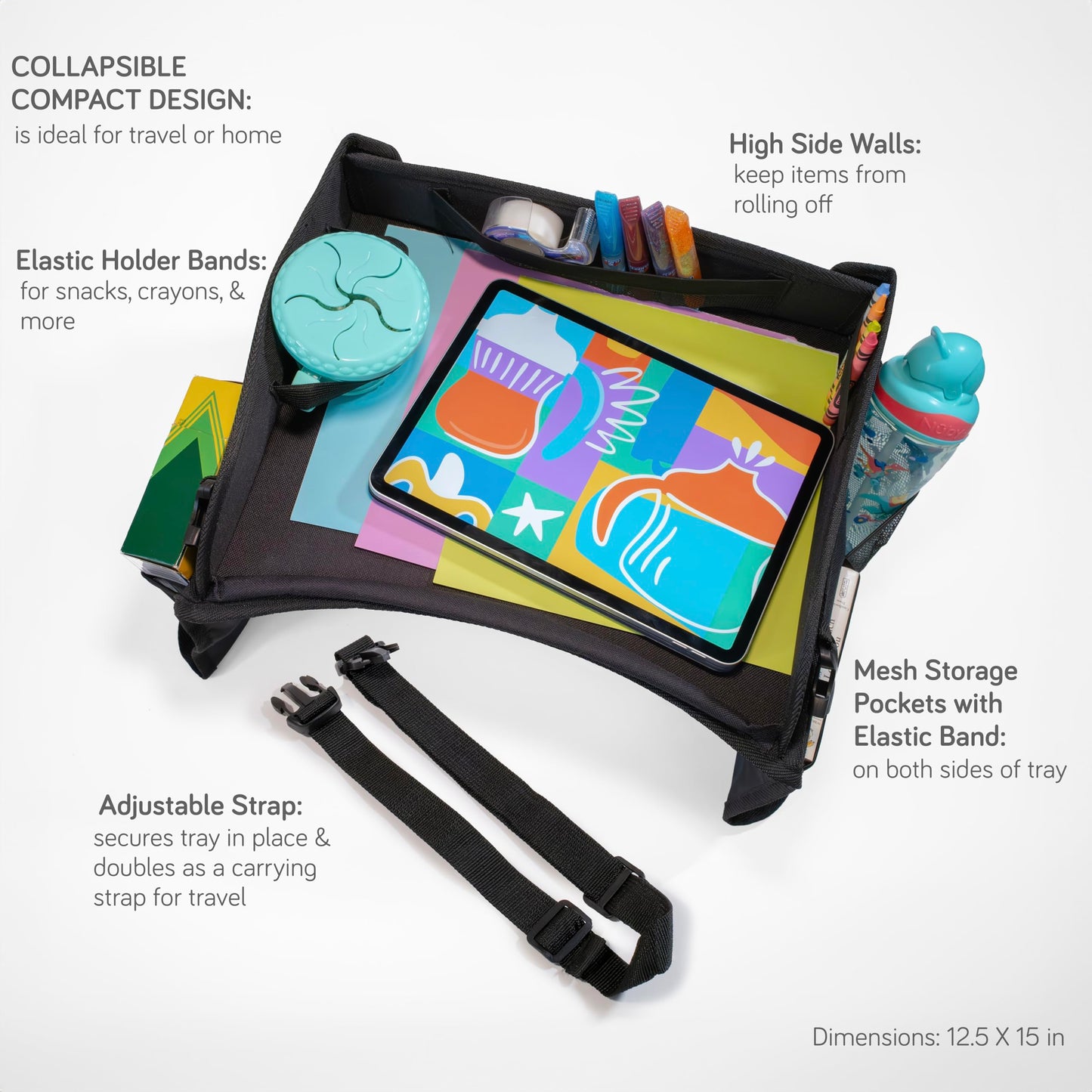 Nuby Kids Foldable Lightweight Travel Activity Lap Desk Tray with Pockets|Stay Organized & Mess Free on Car Rides, Plane Trips, Home|Adjustable Strap Keeps Desk Secure or Carry Strap for Travel|Black