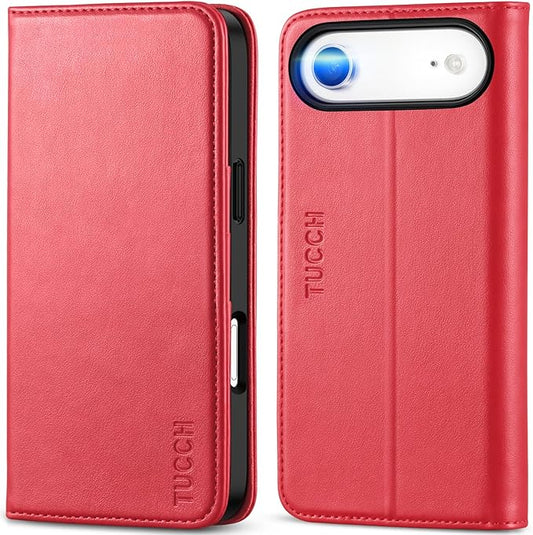 TUCCH Case Wallet for iPhone Air (6.5") 2025, RFID Blocking, 3 Card Holders, Kickstand, PU Leather, Protective Flip Folio Cover, TPU Shockproof Interior Shell, Bright Red