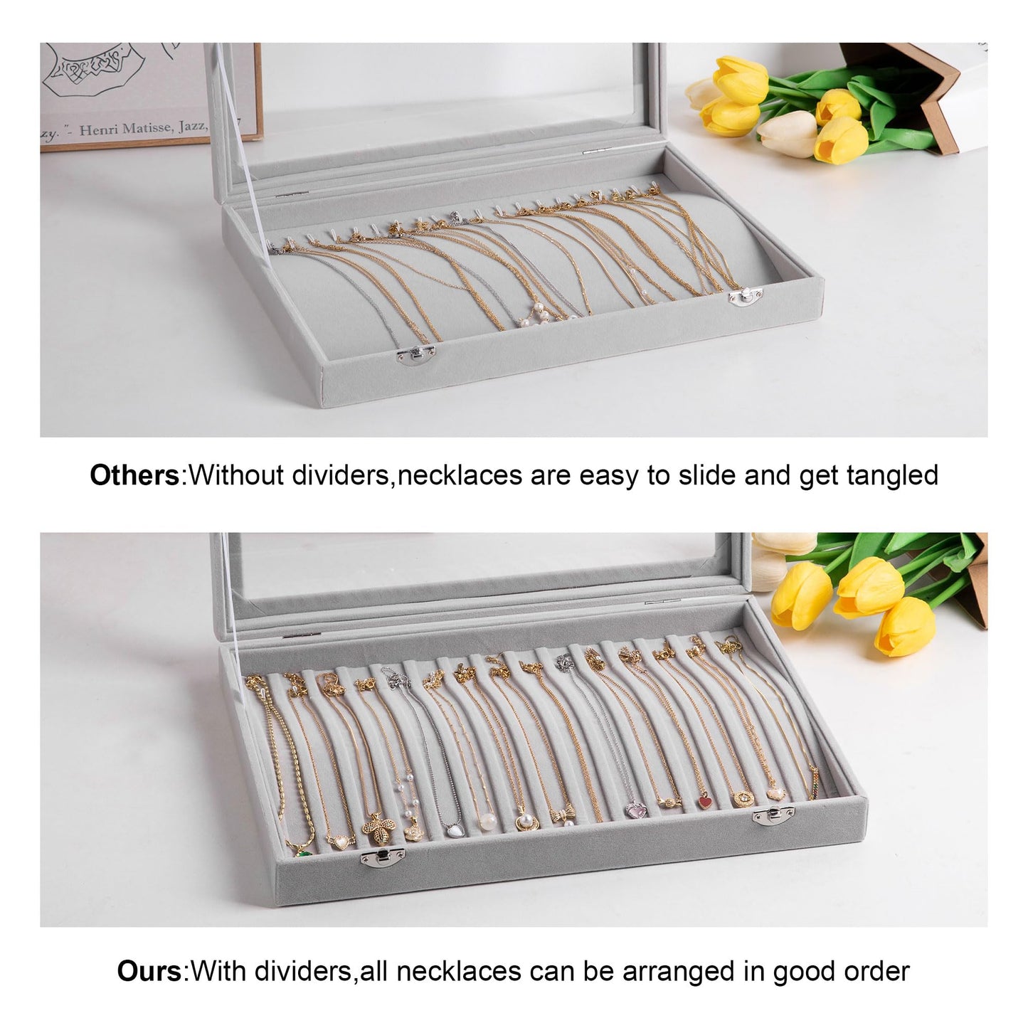 Frebeauty 15 Hooks Necklace Tray Velvet Neckalce Organizer with Clear Lid Lockable Necklace Holder Box Jewelry Organizer for Pendants Chains Necklace Jeweley Tray for Women Girls(Grey)