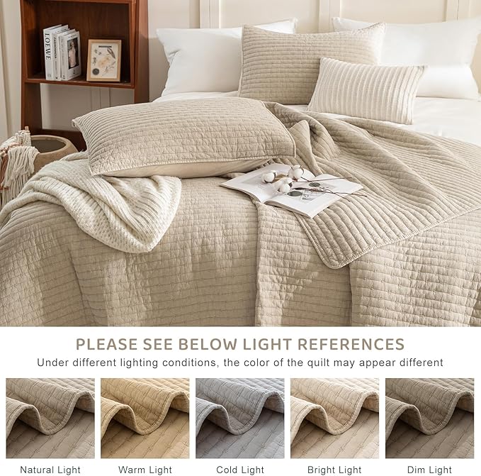 Sanracie Stonewashed Cotton Coverlet King Size(110"x98"), Dark Wheat Colored Cross Stitch Pattern Quilt Bedding Set 3Pcs Extra Soft Breathable Crinkle Quilted Bedspread Set for All Season