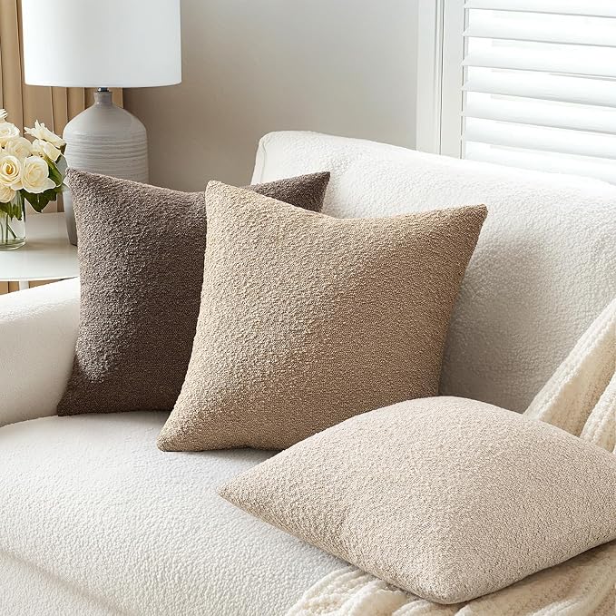 ANRODUO Pack of 2 Textured Boucle Throw Pillow Covers Soft Camel Decorative Accent Solid Pillow Cases Cozy Modern Couch Cushion Case for Chair Sofa Bedroom Living Room Home Decor, 18 x 18 Inch