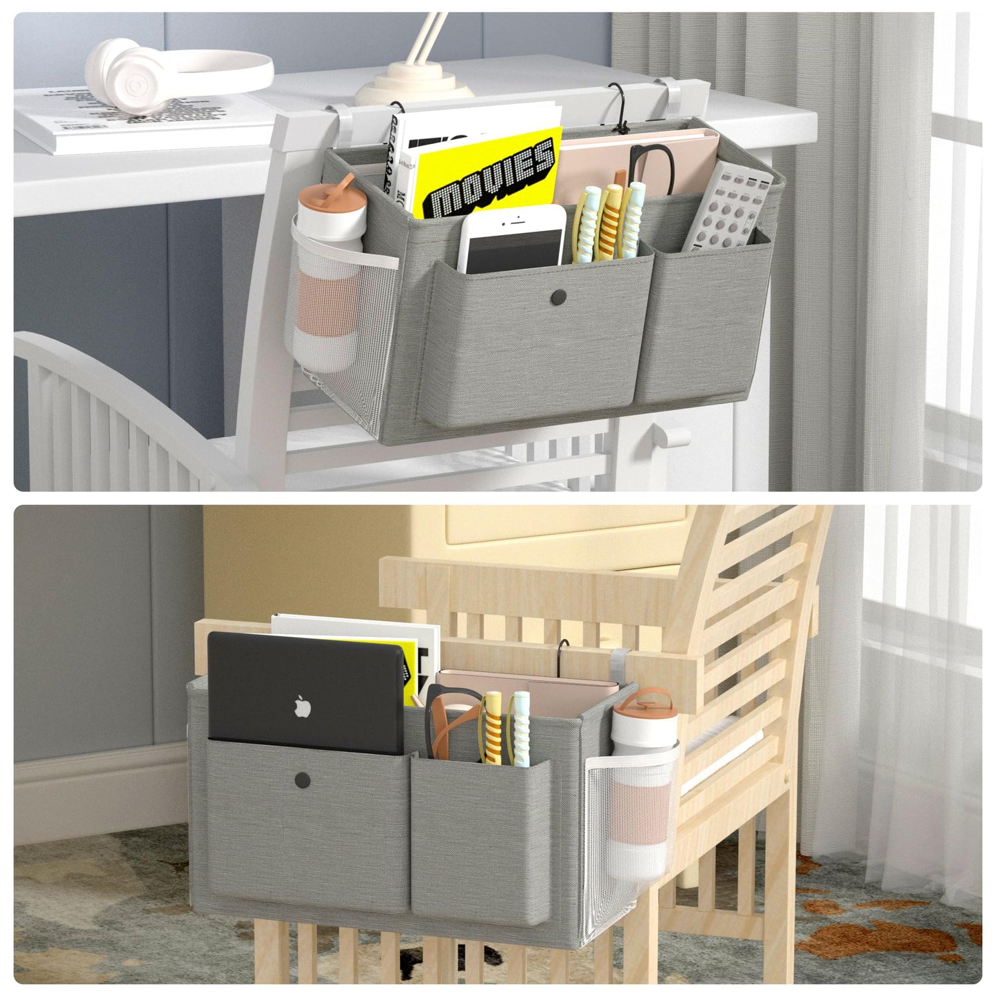 Edudif Bedside Caddy Bedside Organizer with Fixed Straps & Water Bottle Holder, Bunk Bed Caddy ideal for Home, Dorm, Hospital, Crib, Versatile Bedside Storage Solution