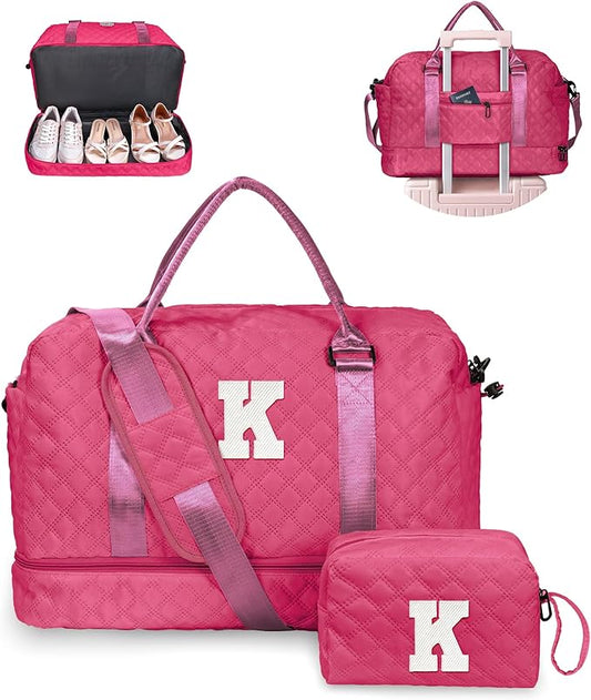 Vogewood Personalized Women's Initial Travel Bag with Shoe Compartment, Hot Pink, K