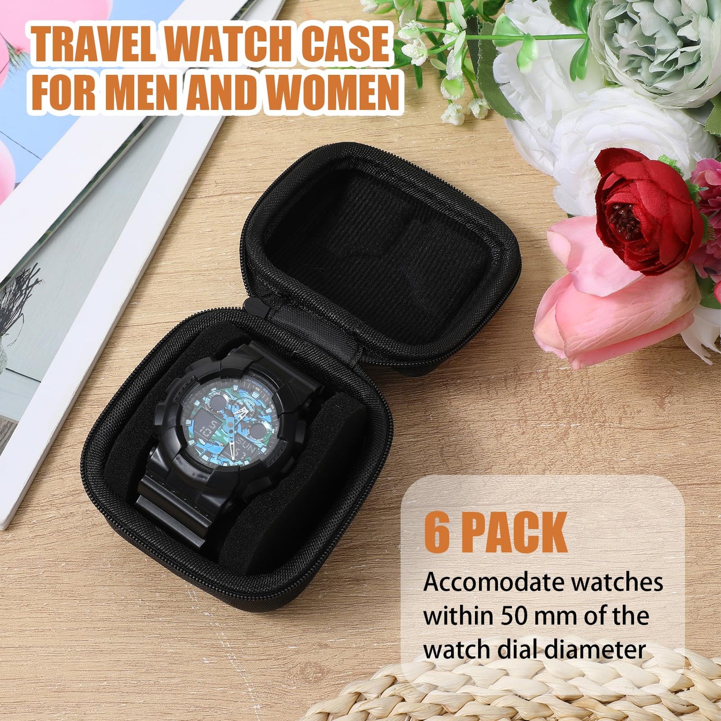 moheaaei 6 Pack Single Hard Watch Travel Case, Black Hard Watch Travel Box Bulk for Men, Portable Organizer with Custom Pillow Fits Wristwatches & Smartwatches up to 55mm, Durable EVA Protection