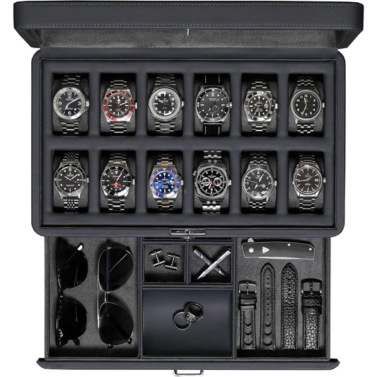 ROTHWELL Luxury Watch Box for 12 Watches – PU Leather Watch Box with Real Glass Lid – Slide out Accessory Drawer with Multiple Compartments (Carbon)