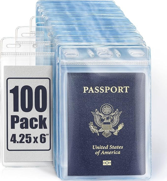 Mifflin-USA Passport & Card Holders (Clear, 4x6 Inches, 100 Pack), Extra Large ID Name Badge Holder, Zipperless Vertical Plastic Card Holders