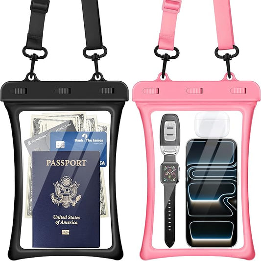 CACOE [Floatable Floating Universal IPX8 Waterproof Phone case 2 Pack-Up to 10.0",Adjustable Lanyard Phone Pouch,Cellphone Dry Bags for Vacation Beach Pool Kayak Cruise Travel Essentials（Black+Pink）