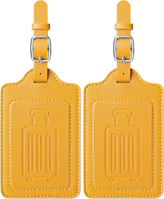 Teskyer Luggage Tags for Suitcases, TSA Approved with Privacy Protection Cover, Premium Faux Leather Bag Tags for Travel - 2 Pack, Yellow